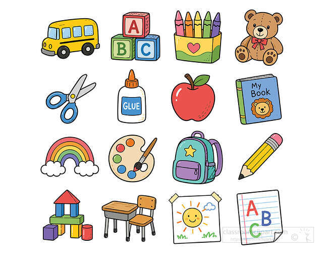 Preschool icon set with school bus alphabet blocks crayons teddy bear scissors glue apple book rainbow and backpack