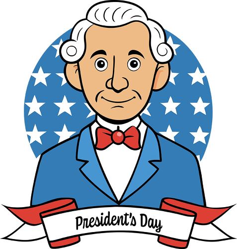 A colorful illustration shows a gentleman in a suit and bow tie celebrating Presidents Day against a starry backdrop