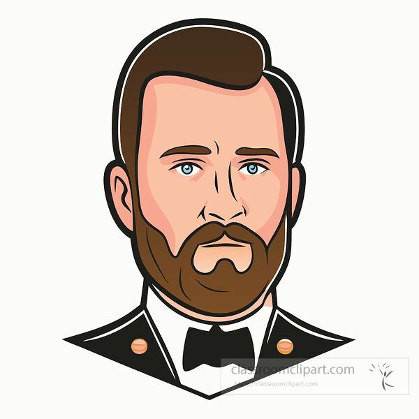 Ulysses S Grant is depicted in simple military attire with a beard