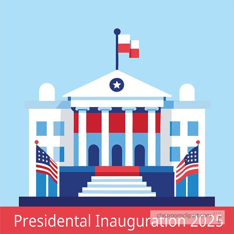 modern illustration of a presidential inauguration setting, featuring a government building with flags, patriotic decor, and a Presidential Inauguration 2025 banner