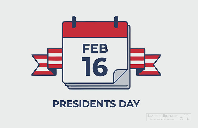 Patriotic calendar illustration marking February sixteen for Presidents Day decorated with red white and blue stripes for US holiday activities