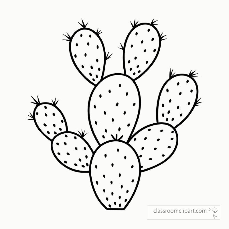 A detailed black outline illustration of a prickly pear cactus displaying distinct oval pads and spines perfect for printing and creative projects.