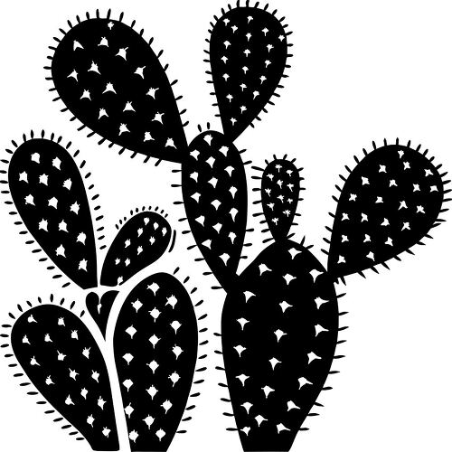 Black silhouette of a prickly pear cactus highlighted against light