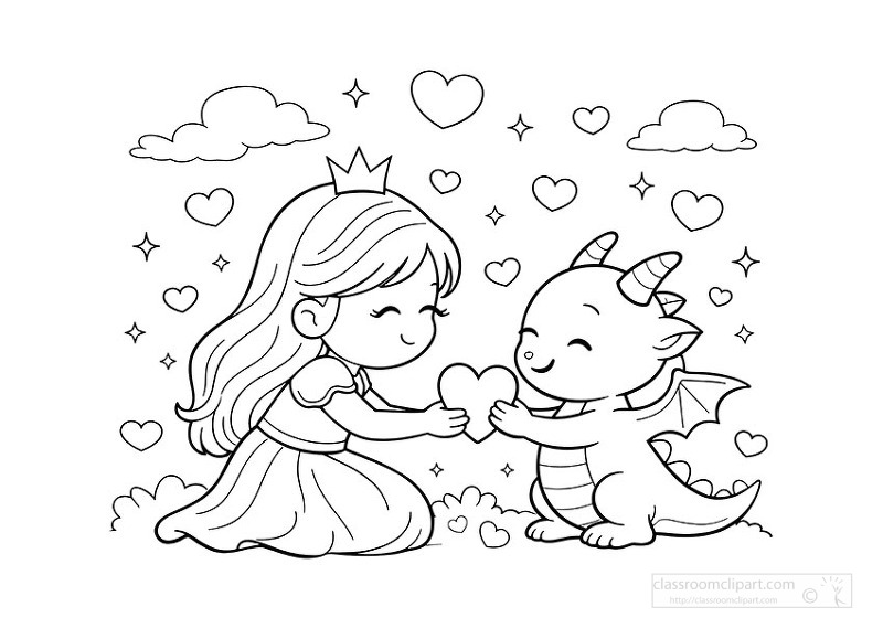 Sweet princess and dragon sharing a heart in a magical coloring page design