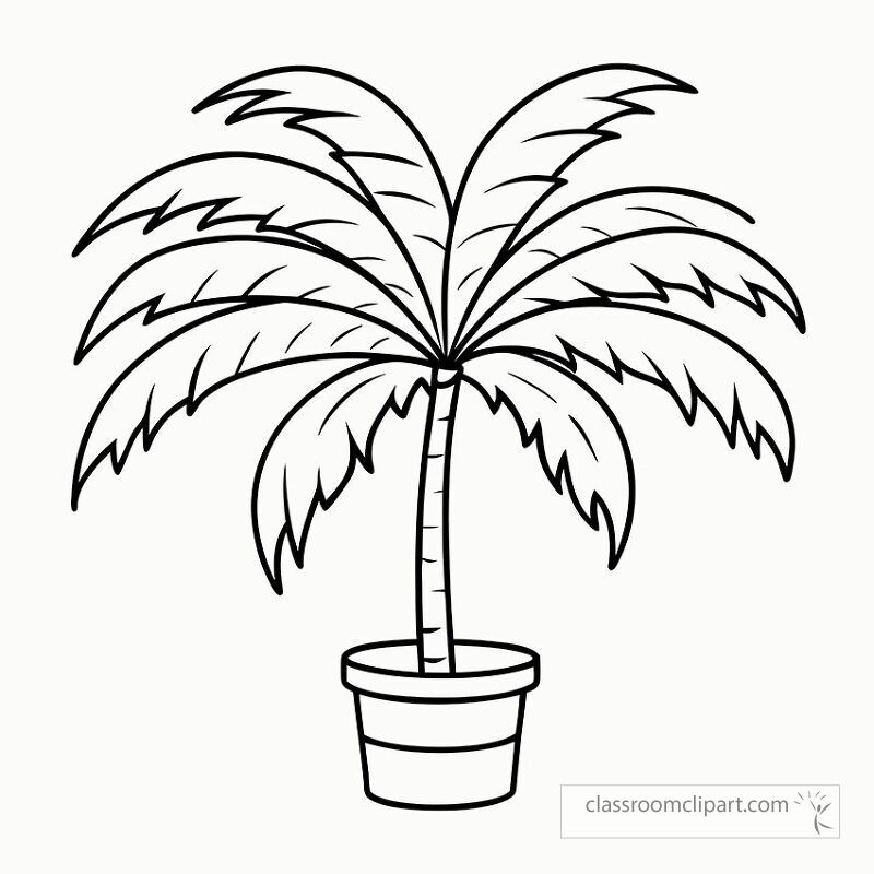 This illustration features a black outline of an areca palm plant in a pot. It captures the unique shape of the palm leaves in a simple printable format suitable for various projects.