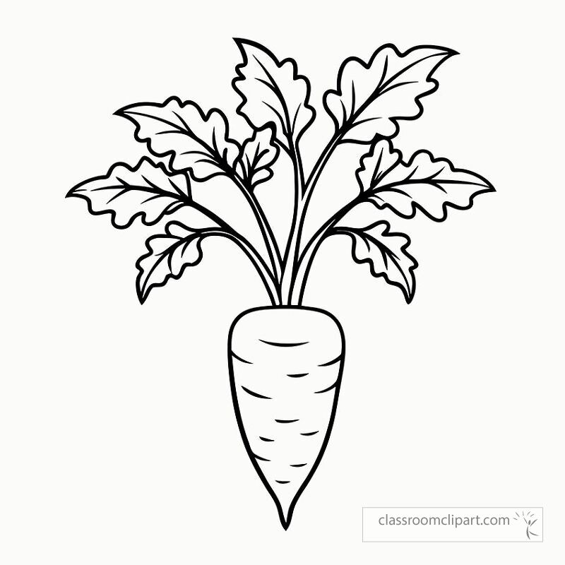 This black outline features a detailed carrot plant with vibrant leaves and a robust root. It is perfect for coloring activities or educational purposes.