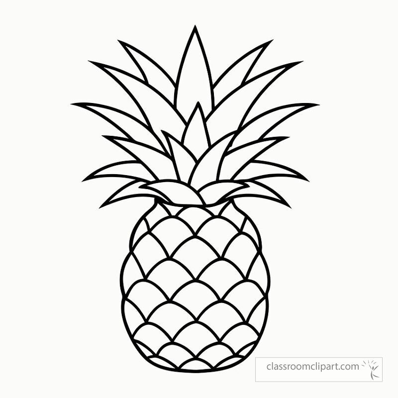 This black outline depicts a pineapple plant with detailed leaves and textured skin. Ideal for coloring or craft projects it showcases a simple and elegant design.