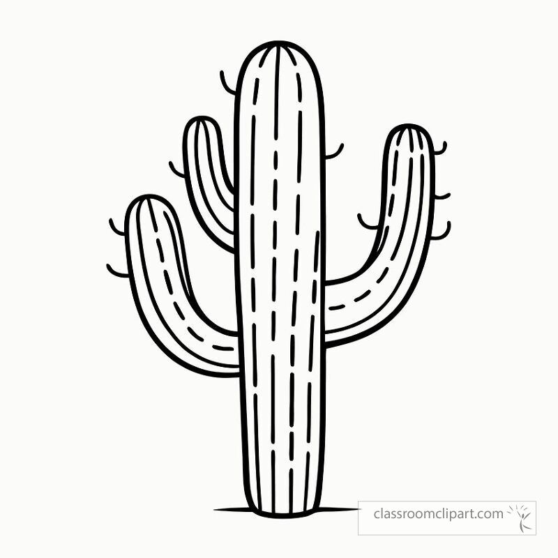 This black outline features a saguaro cactus showcasing its tall distinctive shape with multiple arms. Ideal for coloring or craft projects it captures desert beauty.