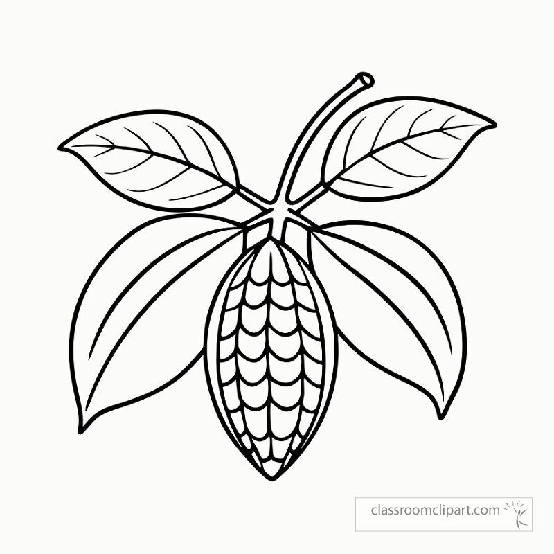 A black outline drawing of a cocoa plant featuring its unique pod and leaves. Perfect for educational activities and creative projects related to botany or chocolate.