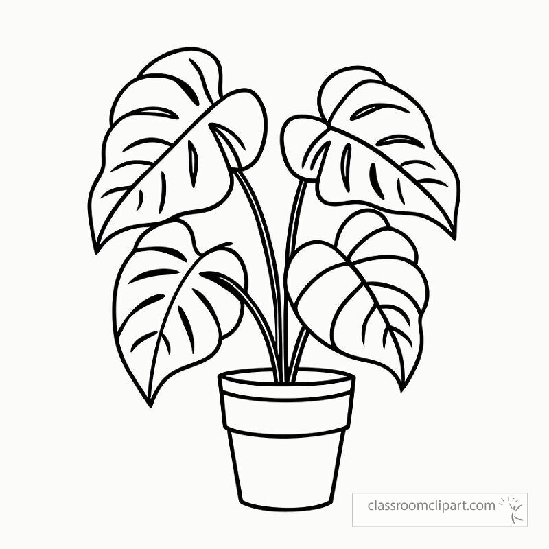 This black outline features a beautiful philodendron plant in a pot that can be printed. Ideal for coloring activities or crafting projects for various occasions.