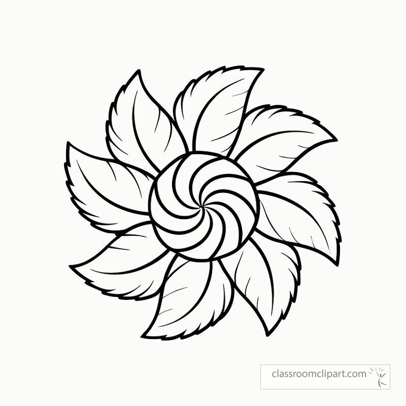 This black outline features a peppermint inspired floral design with swirled center and intricate leaves. Ideal for coloring activities and craft projects at any time.