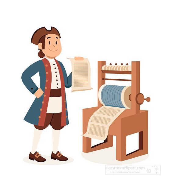 Vector illustration of Johannes Gutenberg with an early printing press, ideal for classroom projects on history of printing, communication, and education
