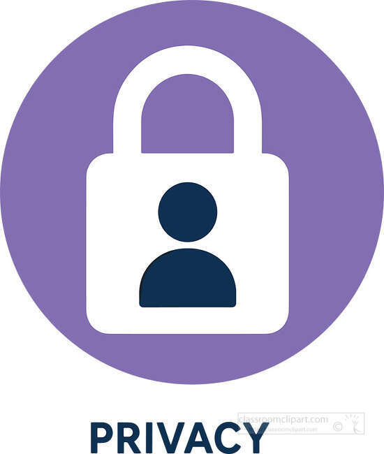 White lock with a person symbol and Privacy text on a purple circle background