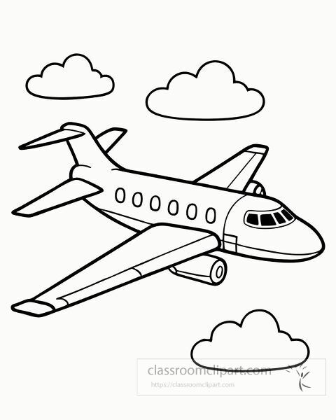 Printable private jet coloring page with clouds and skies