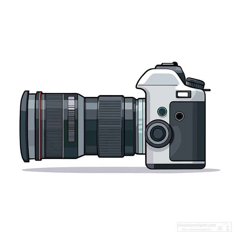 Realistic side view of professional DSLR camera with long zoom lens