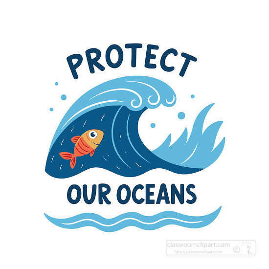 A bold ocean conservation design shows a curling wave and fish with protect our oceans text for marine awareness campaigns