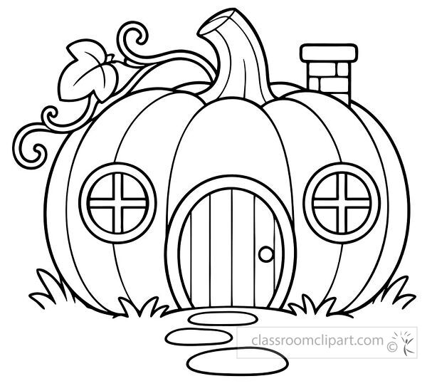 Pumpkin shaped house with round windows wooden door chimney curling vines grass and stepping stones for coloring