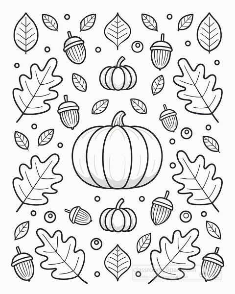 black and white line art showing pumpkins acorns and autumn leaves great for kids coloring or craft activity