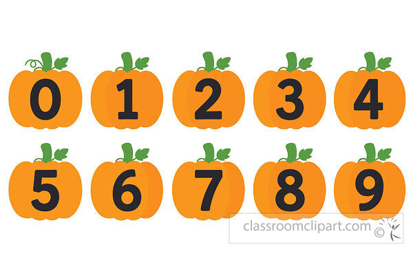 Pumpkin number set showing black digits zero through nine on orange pumpkins with green stems and leaves