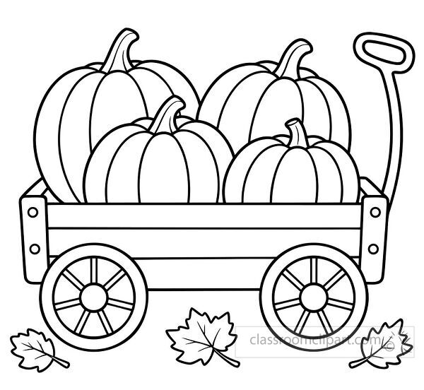 Wooden pumpkin wagon holds four large pumpkins above two wheels with a tall handle and scattered autumn leaves