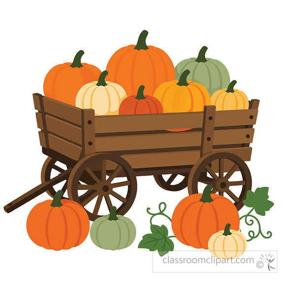 Rustic wooden wagon is filled with orange white yellow and green pumpkins with extra pumpkins and vines arranged below