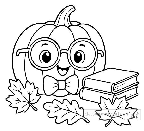 Smiling pumpkin with round glasses bow tie stacked books and autumn leaves in a detailed seasonal coloring page