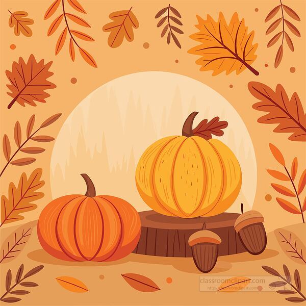 Vector illustration of pumpkins and acorns surrounded by autumn leaves. Perfect for harvest lessons, fall classroom themes, and seasonal projects
