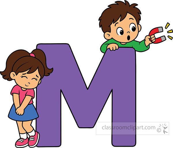 Large purple letter M with a shy girl beside the left side and a surprised boy above holding a red horseshoe magnet
