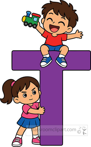 Large purple letter T with a happy boy sitting on top holding a colorful toy train and a girl hugging the lower stem