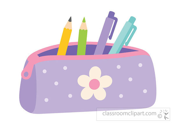 Cute clipart of a purple pencil pouch with a white flower holding pencils and pens for school supplies