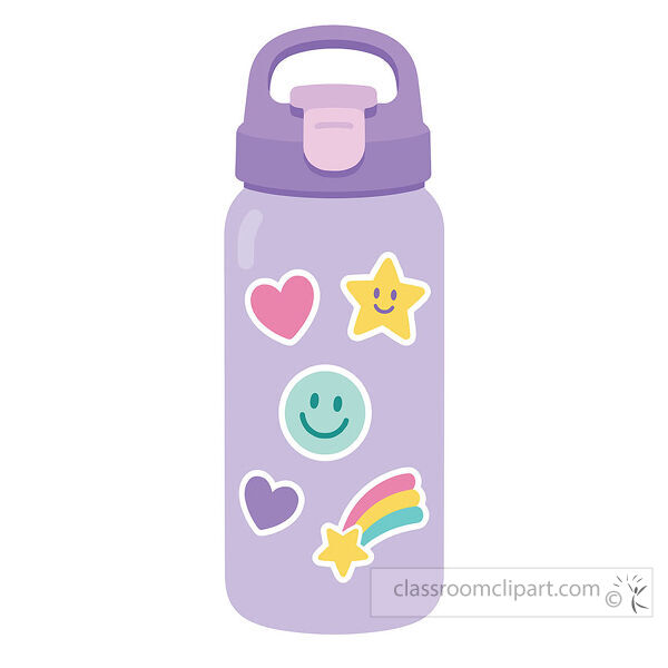 Cute clipart of a purple water bottle decorated with heart star smiley face and rainbow stickers