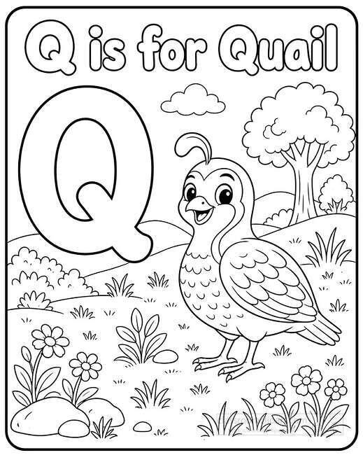 Large letter Q beside a smiling quail standing in a grassy field with flowers clouds hills and a tree