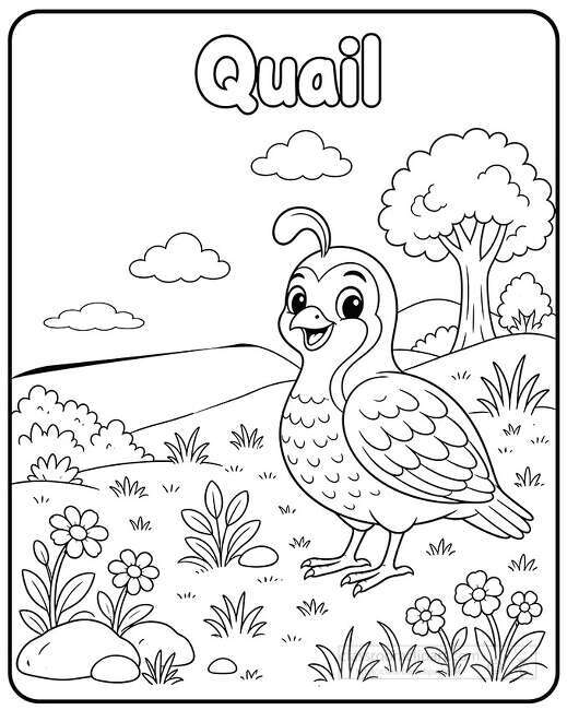 Smiling quail standing in a flower field with grass hills clouds bushes and a tree in the background