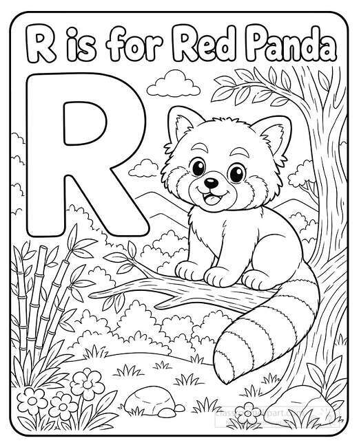Large letter R with a smiling red panda sitting on a tree branch near bamboo bushes flowers and a tree
