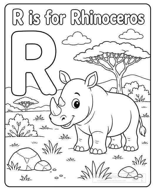 Large letter R beside a smiling rhinoceros standing in a savanna scene with acacia trees clouds rocks and grass