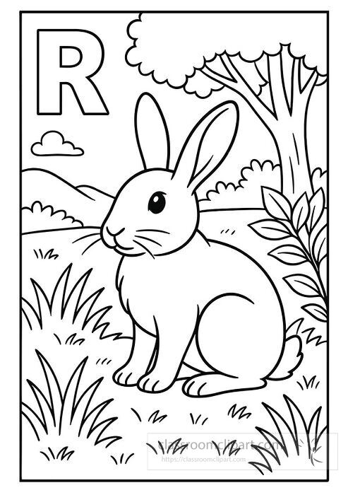 rabbit in its natural habitat surrounded by grass bushes and trees perfect for kids coloring activities