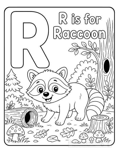 Black and white coloring page showing a smiling raccoon standing beside a hollow log with mushrooms trees and a large letter R