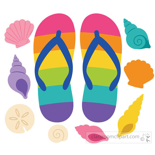 Rainbow striped flip flops sit among colorful seashells including pink blue orange purple and yellow shells