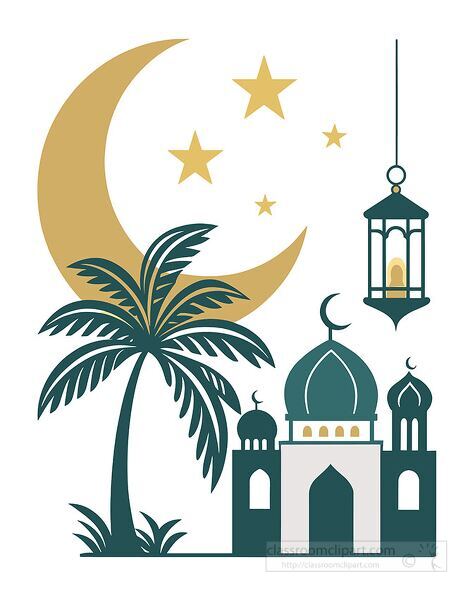 Educational illustration of ramadan with mosque crescent moon lantern and stars for cultural holiday learning