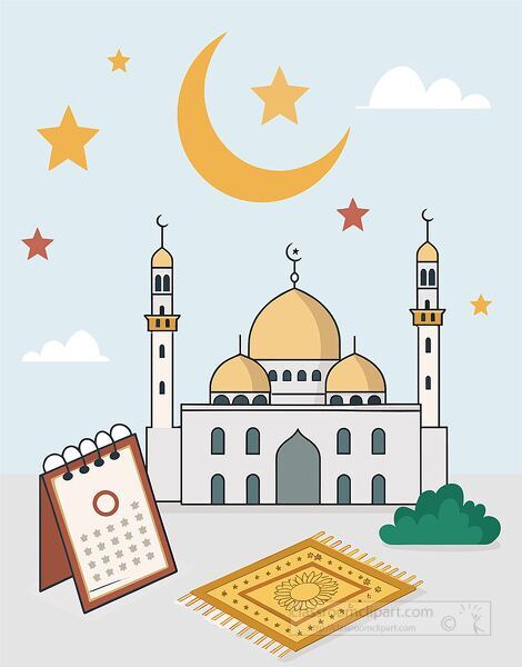 Educational illustration of ramadan showing mosque calendar crescent moon and prayer rug for cultural holiday lessons