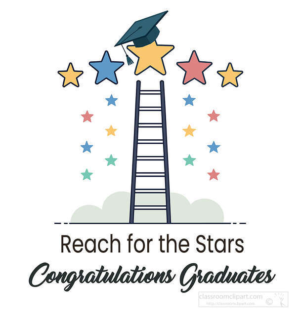 Reach for the Stars and Congratulations Graduates text below a ladder reaching colorful stars and a graduation cap