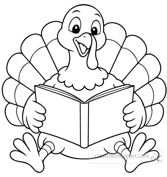 Smiling turkey sitting with an open book and spread tail feathers in a Thanksgiving coloring page style