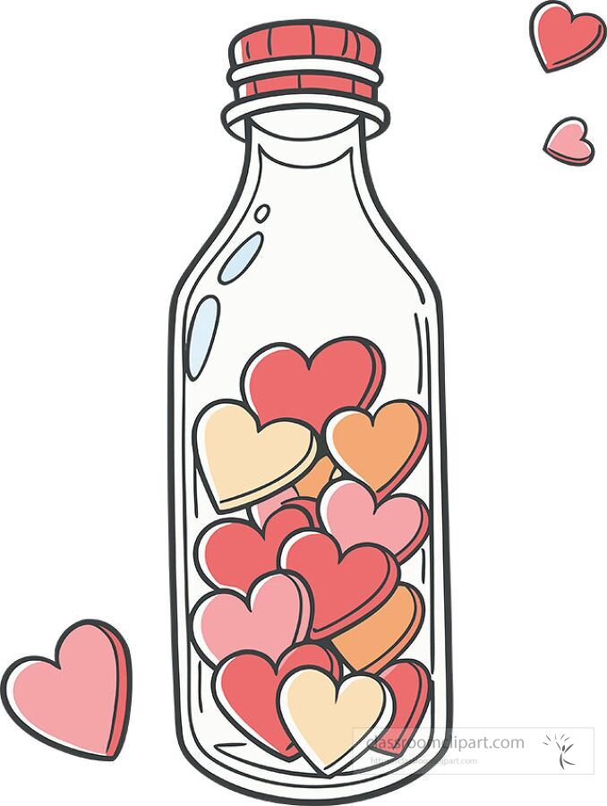 Clipart illustration of a glass bottle with red and pink hearts inside and hearts floating around
