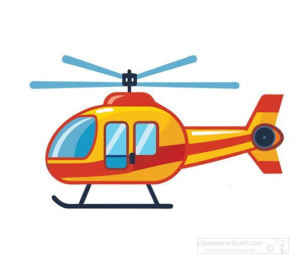 bright red and yellow helicopter flying side view simple vector illustration