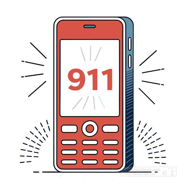 Illustration of a red cellphone with the number 911 glowing on the display representing an emergency call