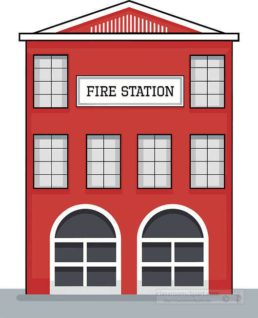 Tall red fire station building with six upper windows a labeled sign and two large arched garage doors