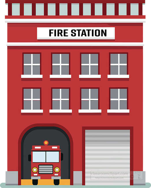 Red fire station with rows of windows two garage bays and a fire truck parked inside the open entrance