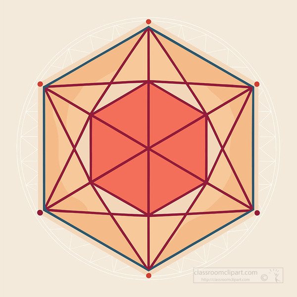 Abstract vector design showing a red and orange geometric hexagon pattern with connecting lines and symmetry