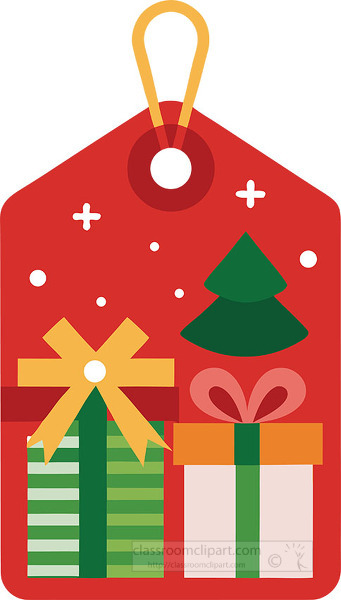 red gift tag decorated with wrapped presents a Christmas tree and tiny snow dots