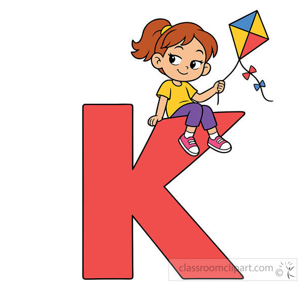 Large red letter K with a seated girl holding a blue yellow and red diamond kite with bows on the tail